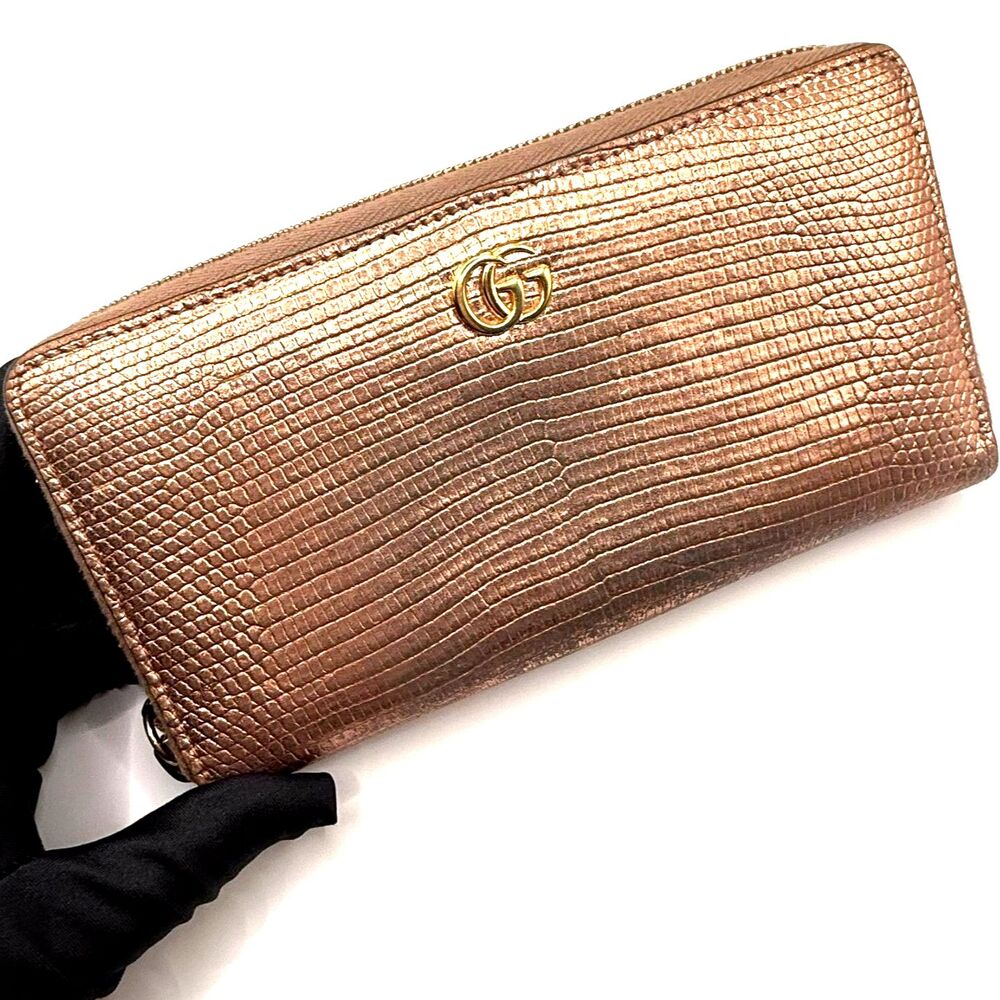 Gucci GG Marmont Lizard Zip Wallet Metallic Gold Rose Gold Bronze Authentic